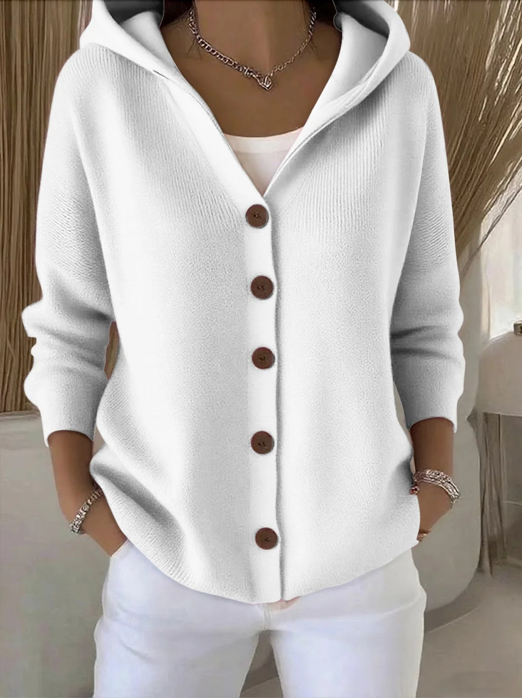 Women's Hooded Knitted Cardigan Solid Color Casual Fashion Sweater Jacket