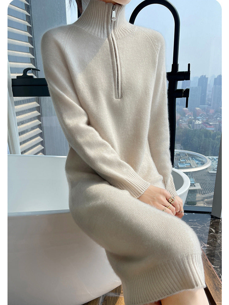 Mid-Length Knitted Dress with Stand Collar
