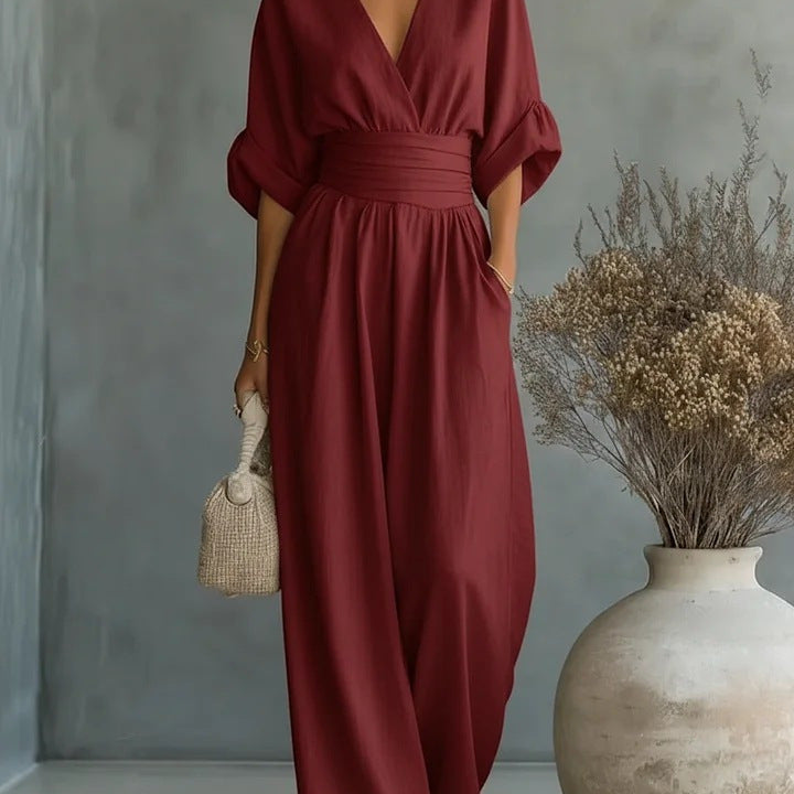 Elegant V Neck Waist Cinching Women Jumpsuit