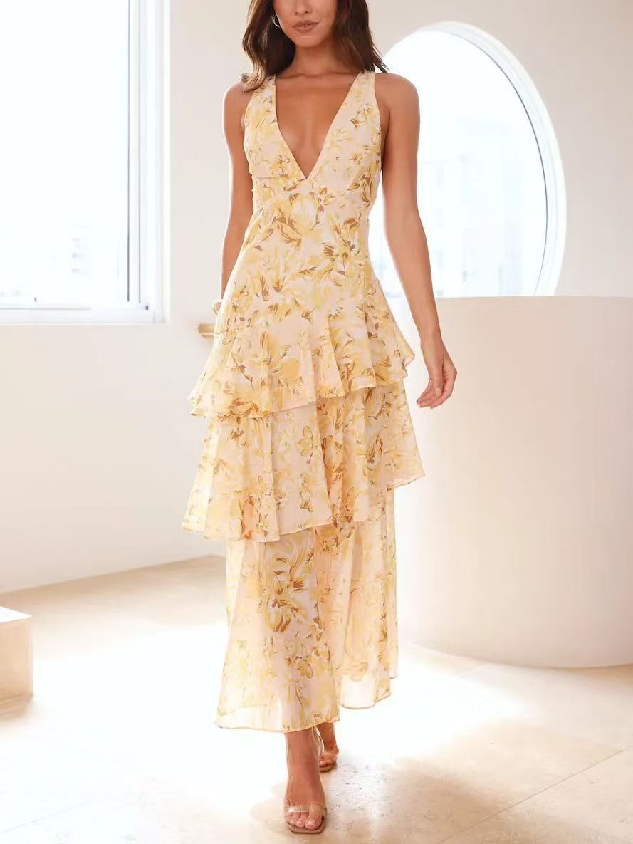 Women's Summer Floral Printed V-Neck Sleeveless A-Line Long Dress