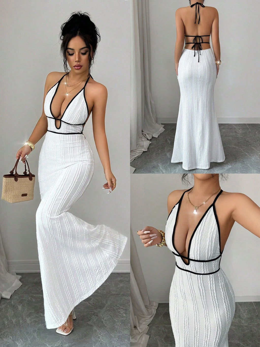 Deep V open-back fitted halter dress