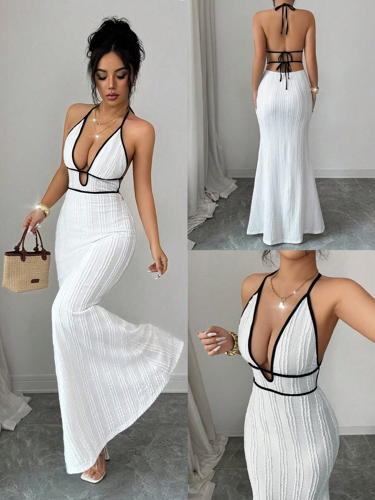 Deep V open-back fitted halter dress