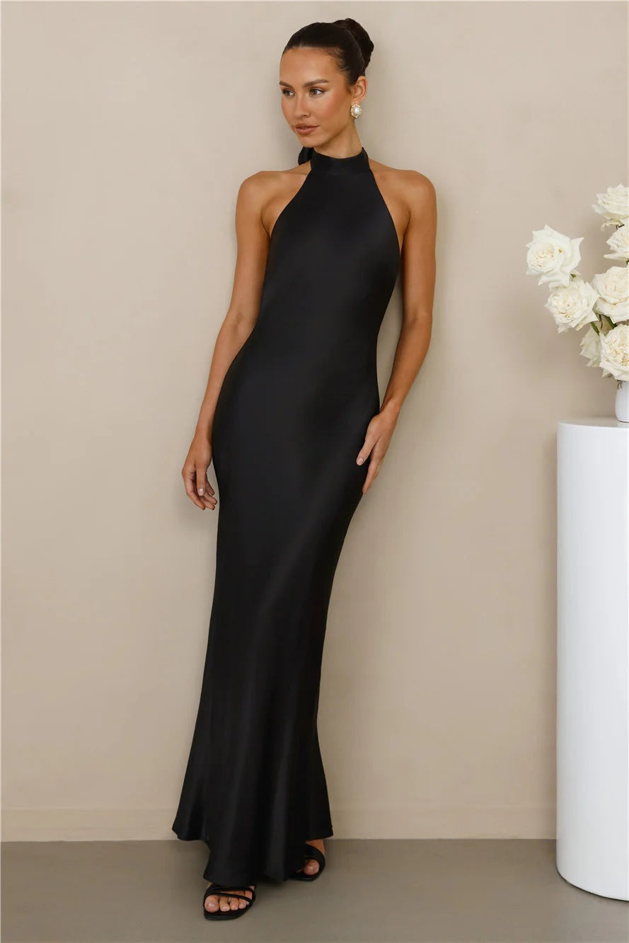 Women Satin Halter Neck Tie Slim Fit Long Dress