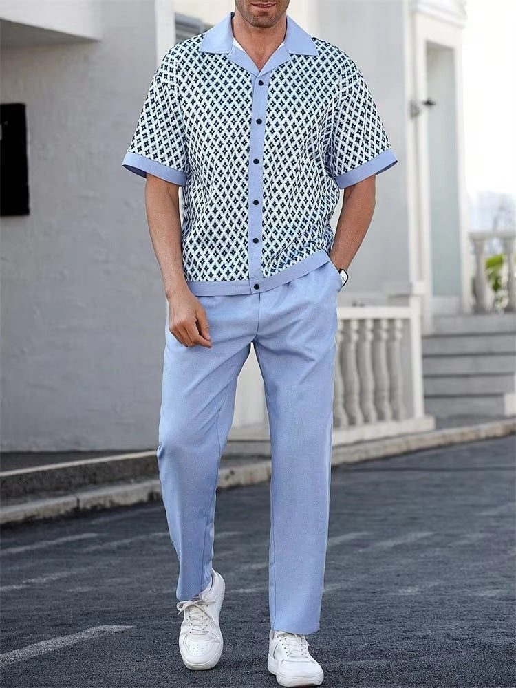 Mens Solid Color Short Sleeve Shirt and Drawstring Long Pants Two Piece Outfit