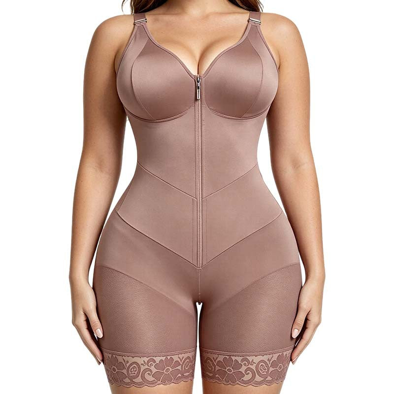 Front Zipper Shapewear Bodysuit with Lace Trim
