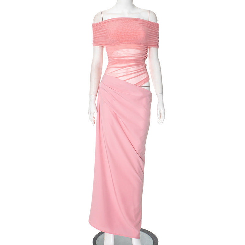 Mesh Off-Shoulder Pleated Dress