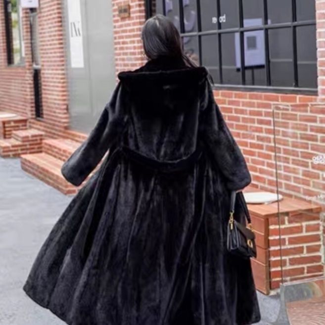 Extra-Long Faux Fur Hooded Coat with Belt for Women