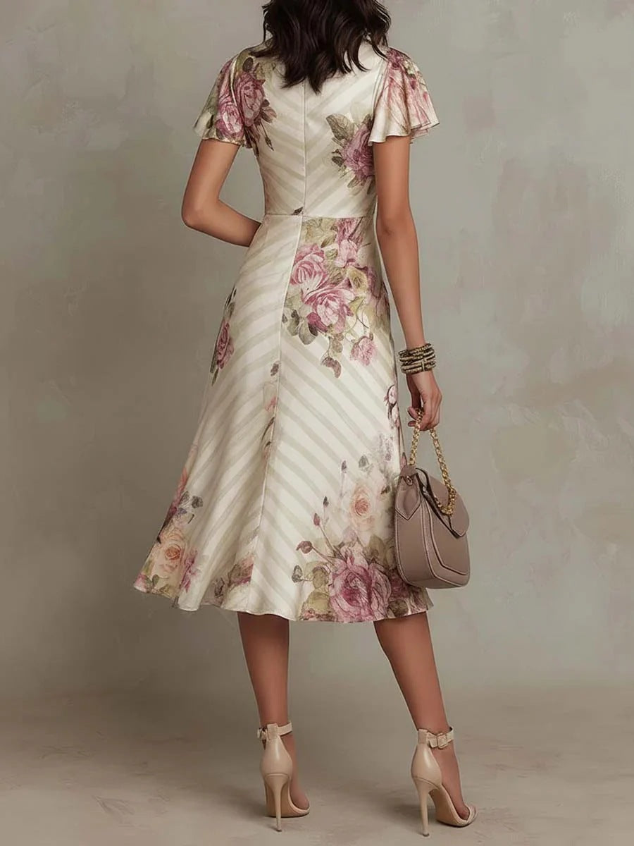 Printed V-Neck Ruffle Hem A-Line Dress