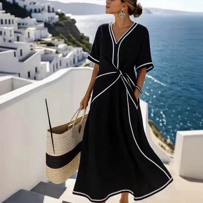 Womens Elegant V-Neck Short Sleeve A-Line Dress Loose Fit