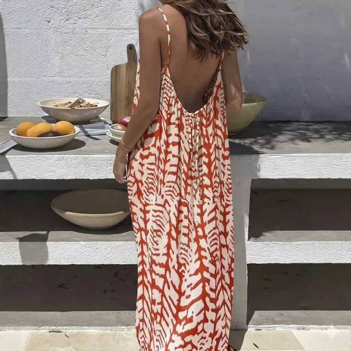 Womens Backless Loose Print Slip Dress