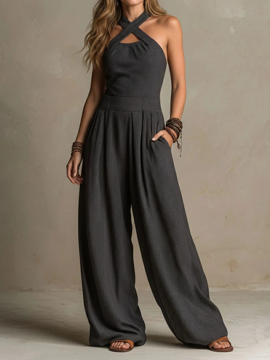 Crossed-necked openwork one-piece pants