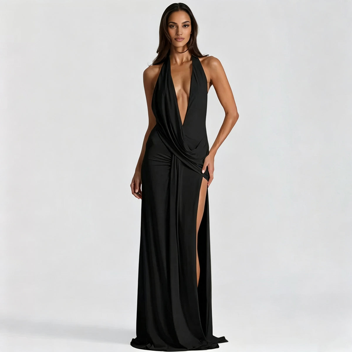 Deep V-Neck Halter Ruched Backless Dress