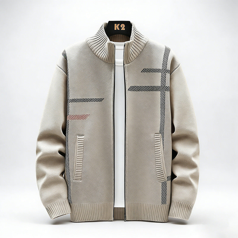 Men Fleece Lined Stand Collar Cardigan Sweater