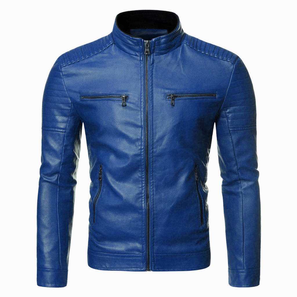 Mens Slim Fit Stand Collar PU Leather Jacket Casual Coat
