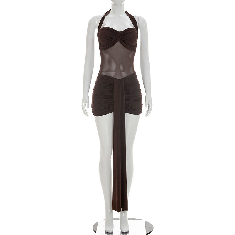 Women's Solid Color Mesh Halter Neck Short Dress