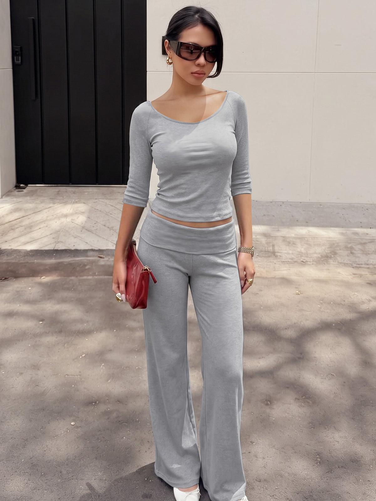 Women Two Piece Set Drapey Flared Pantsuit Long Sleeve Solid Casual Lounge Wear