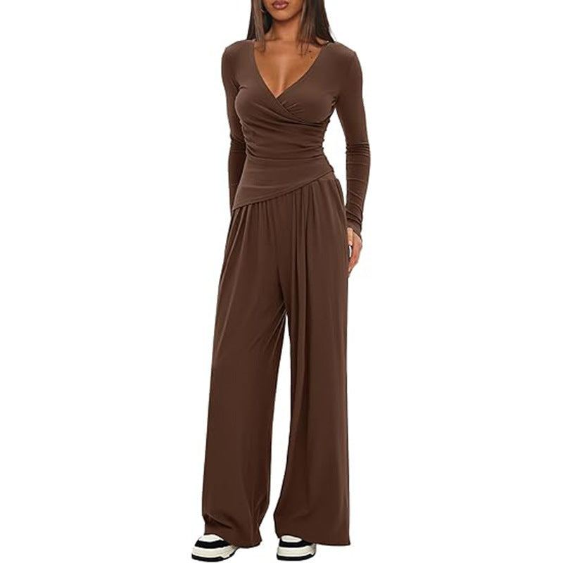 Women's Solid Color Knit V-Neck Long Sleeve Top and Wide Leg Pants Two-Piece Set