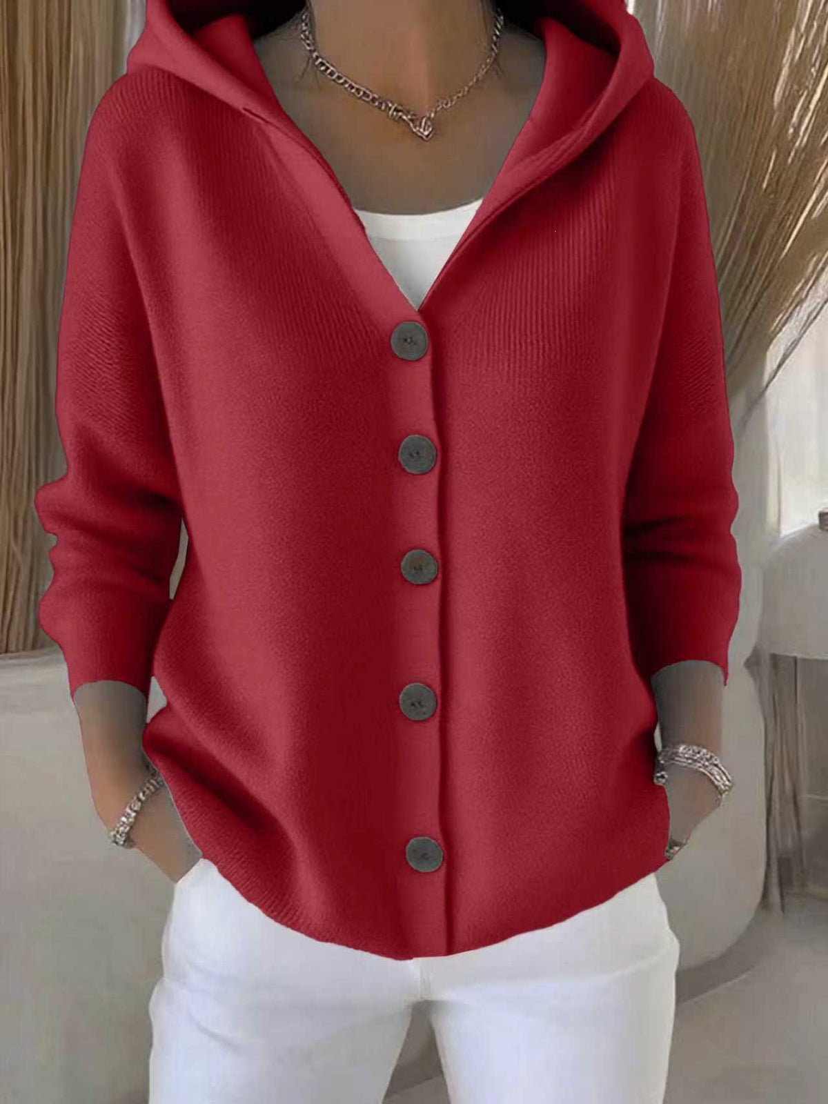 Women's Hooded Knitted Cardigan Solid Color Casual Fashion Sweater Jacket