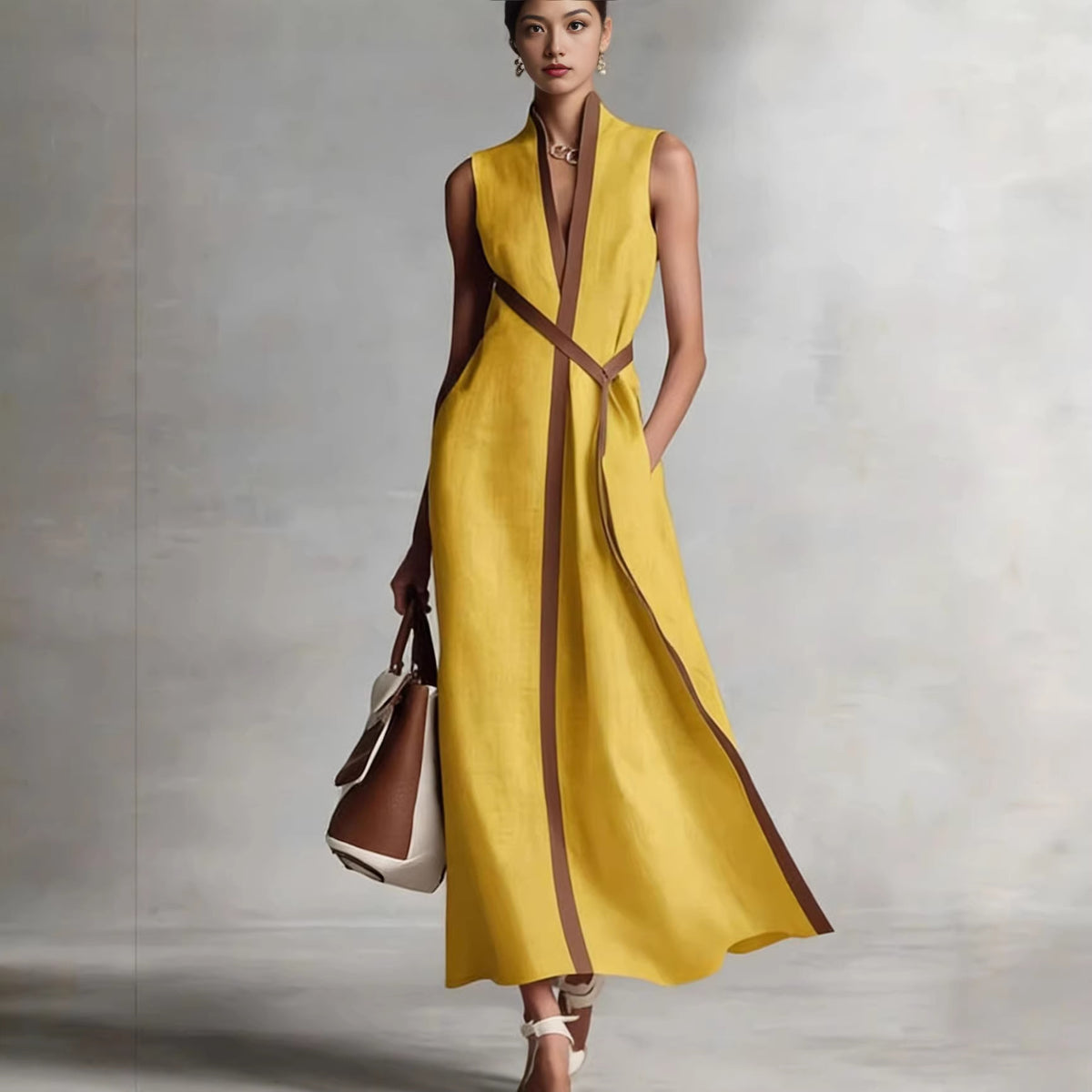 Stand Collar Sleeveless Color Block Loose Dress