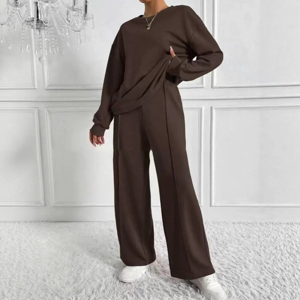 Women's Solid Color Round Neck Long Sleeve Pants Suit Casual Two-Piece Set