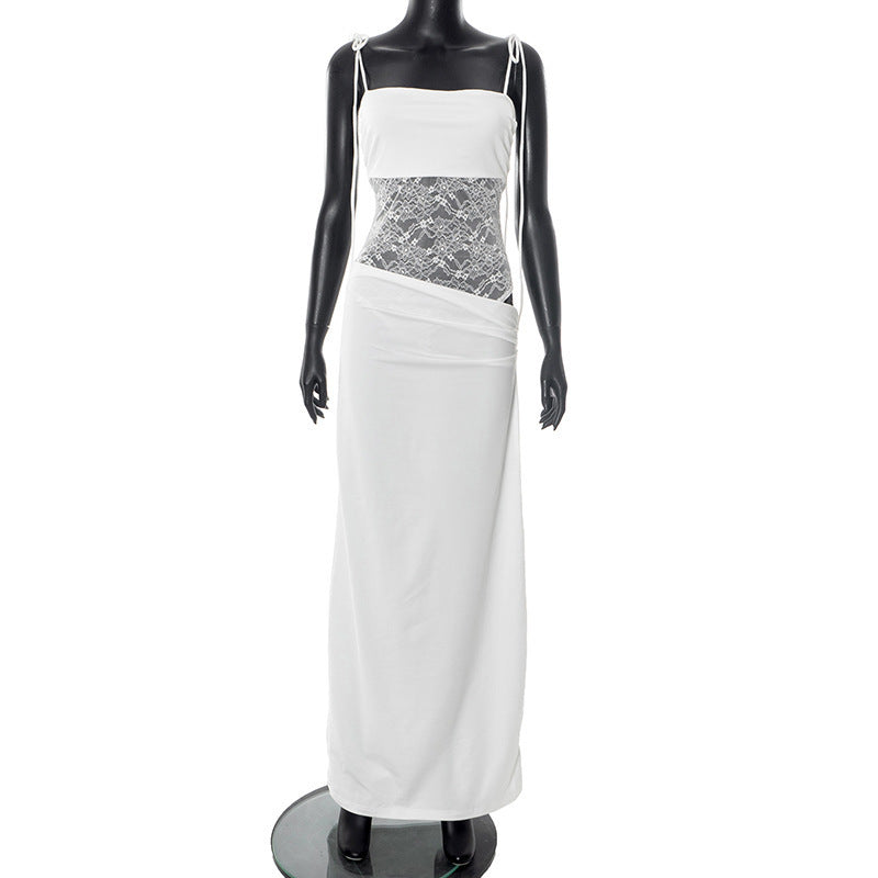 Women Solid Color Spaghetti Strap Lace Slim Fit Patchwork Dress