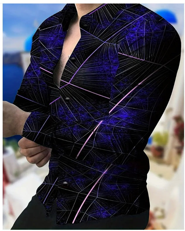 Digital Print Long-Sleeve Men's Slim-Fit Casual Shirt