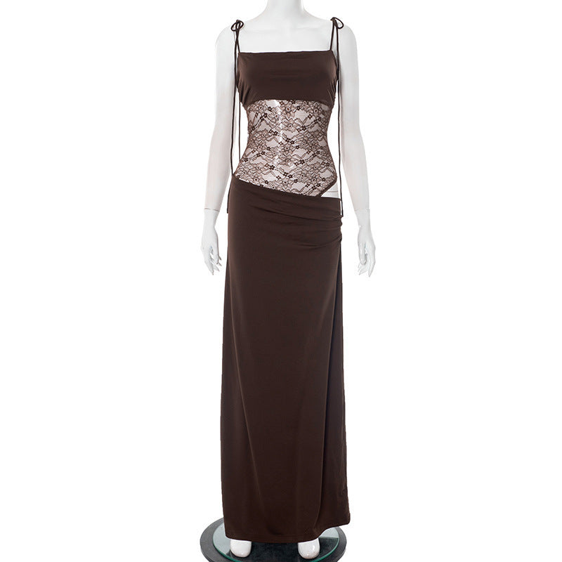 Women Solid Color Spaghetti Strap Lace Slim Fit Patchwork Dress