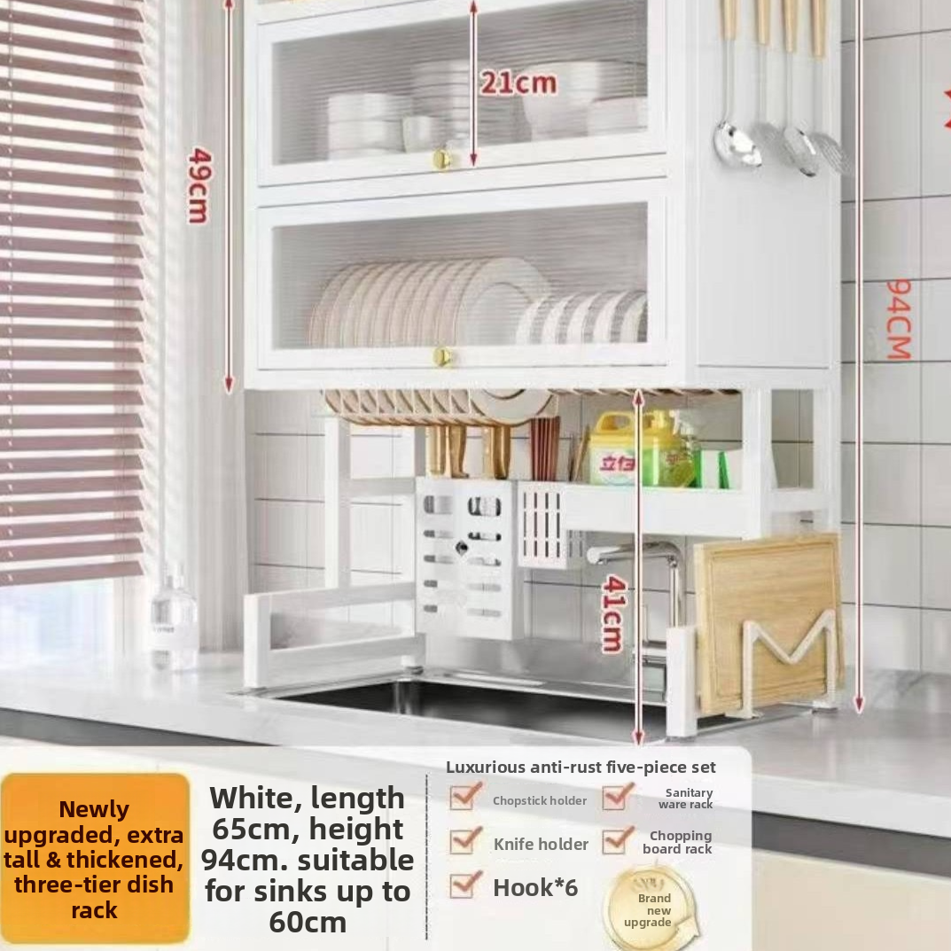 Double Layer Kitchen Sink Rack Dustproof Draining Storage Cabinet