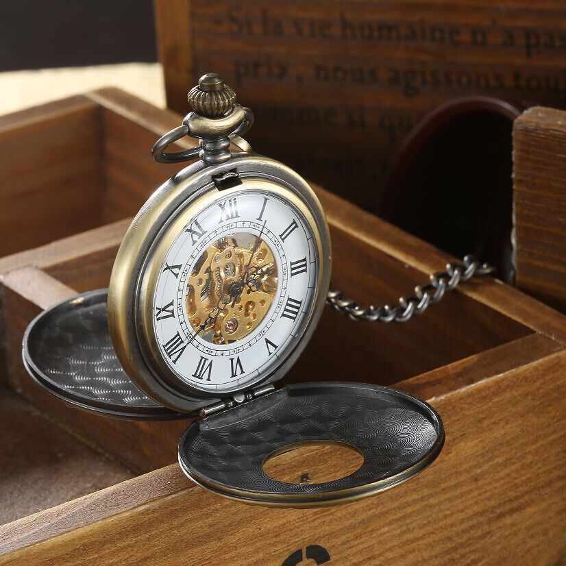 Engraved Mechanical Pocket Watch with Alloy Chain