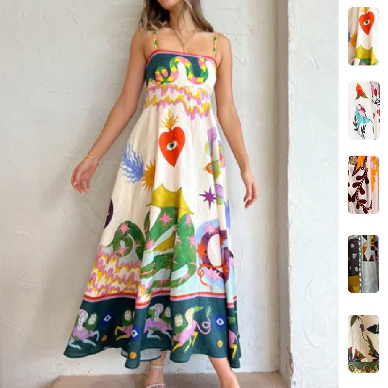 2026 Summer New Style Cross-Border European and American Resort-Style Dress, Elegant Long Printed Strap Dress