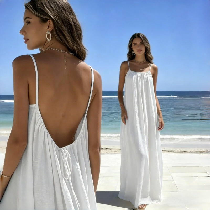 Womens Loose Fit Sleeveless Tie Neck Long Dress