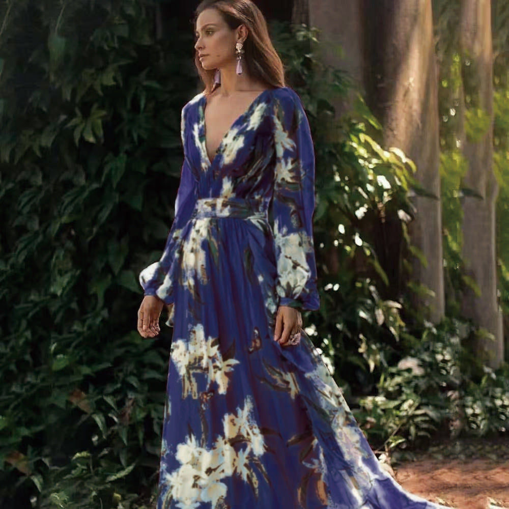 Womens V-Neck Long Sleeve Printed Dress