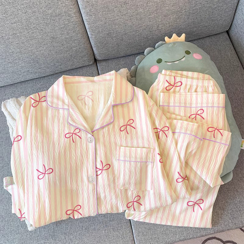 Womens Long Sleeve Pajama Set with Bow Design
