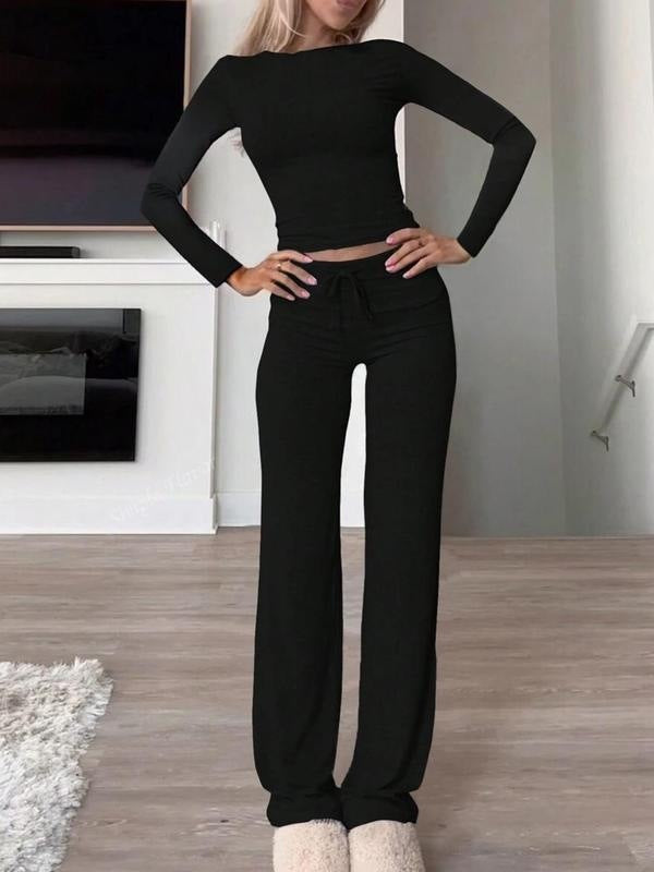 Womens Casual Pullover and Wide-Leg Pants Set