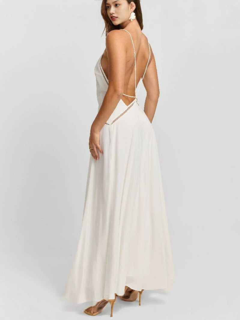 Women's Sexy Spaghetti Strap V-Neck Hollow Out Backless Tie Up Beach Vacation Long Dress