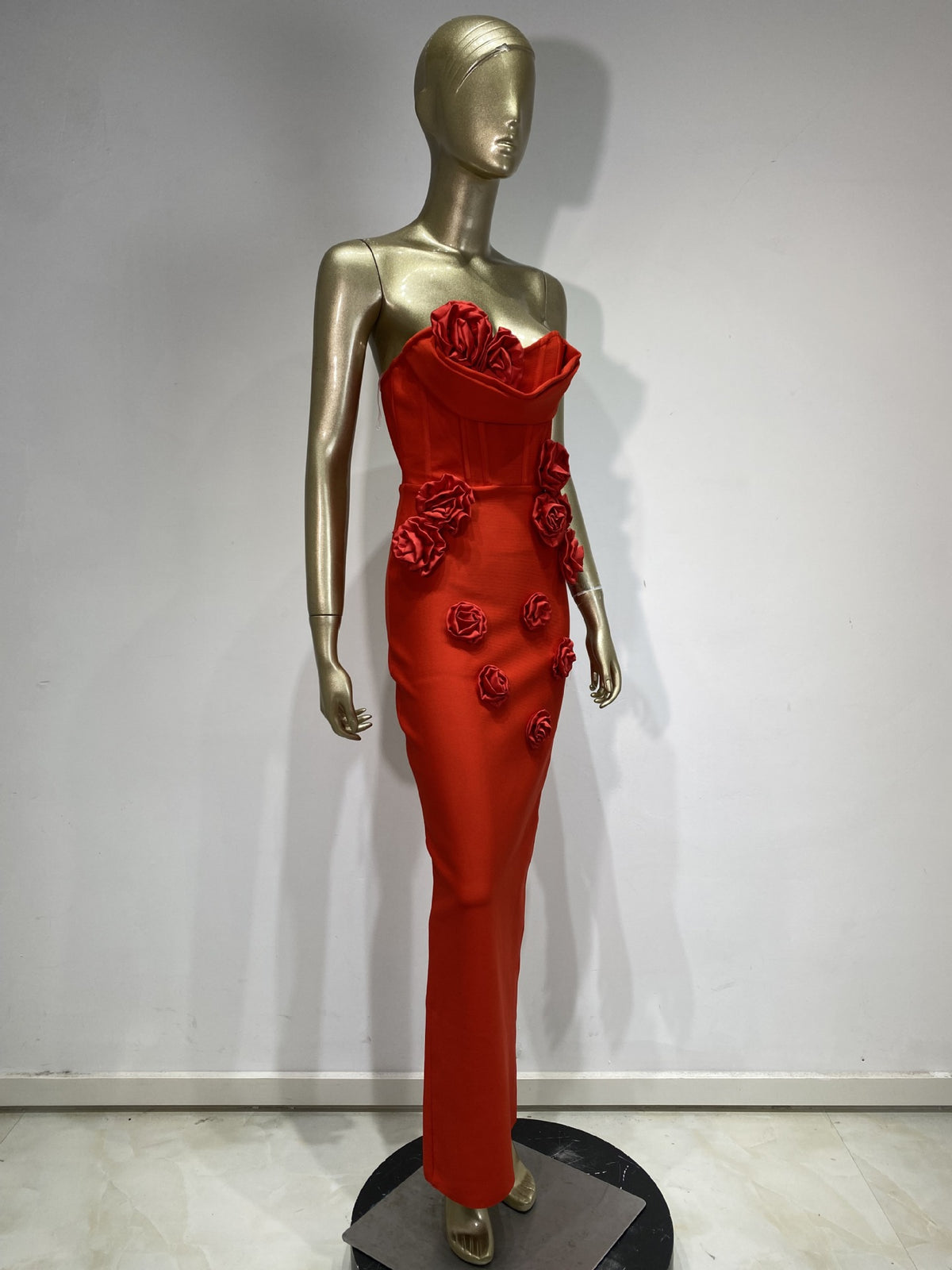 Womens Floral Applique Strapless Long Dress