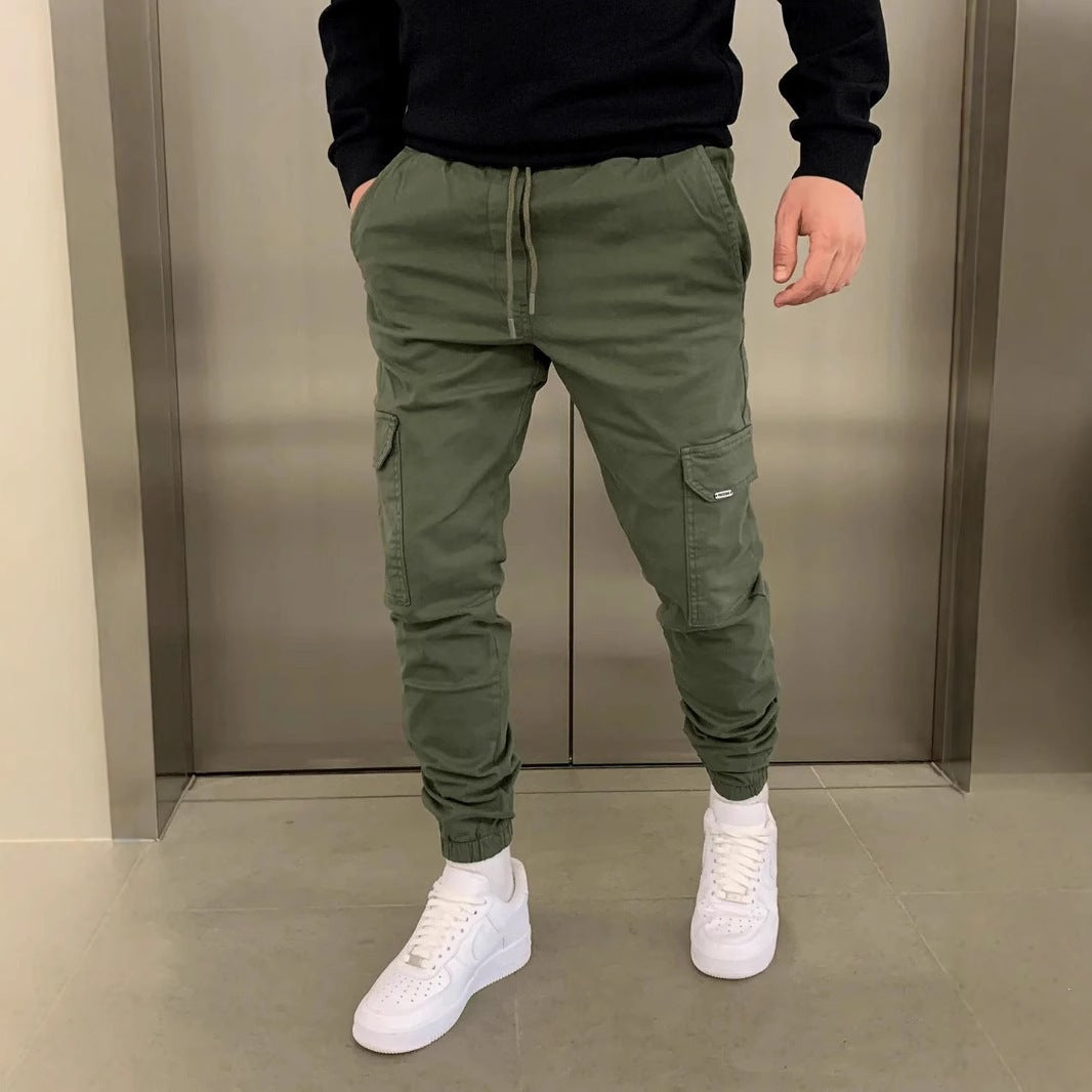 Mens Three-Dimensional Pocket Cargo Pants Elastic Waist Drawstring Loose Fit Casual Trousers