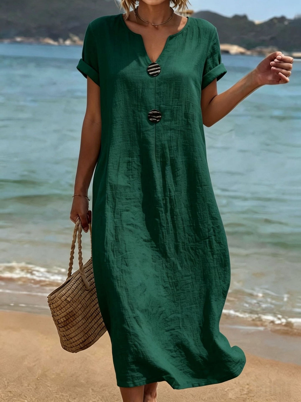 A casual solid-color cotton and linen dress for ladies