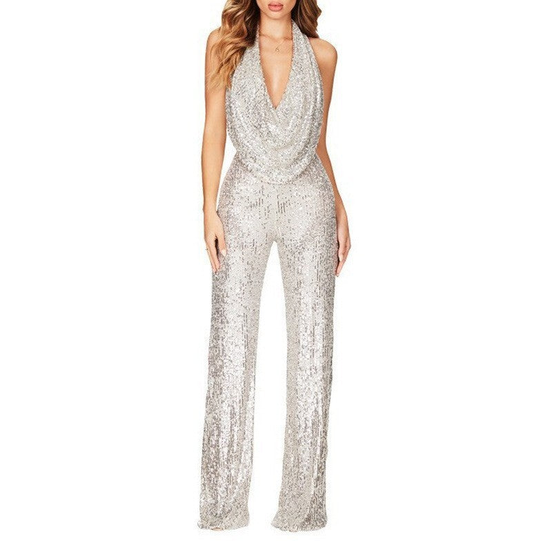 Women's Sparkly Sequin Halter Neck Jumpsuit Slim Fit Long Pants One Piece Evening Dress