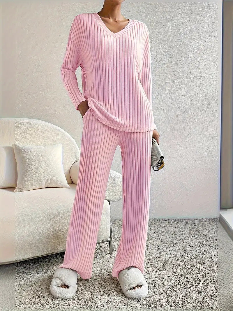 Women's V-Neck Ribbed Knit Two-Piece Set