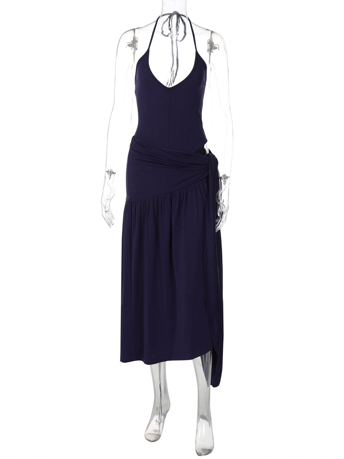 Womens V-Neck Halter Backless Jumpsuit with High-Waisted Skirt