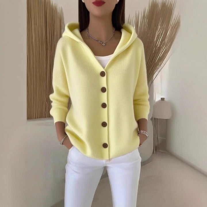 Women's Hooded Knitted Cardigan Solid Color Casual Fashion Sweater Jacket