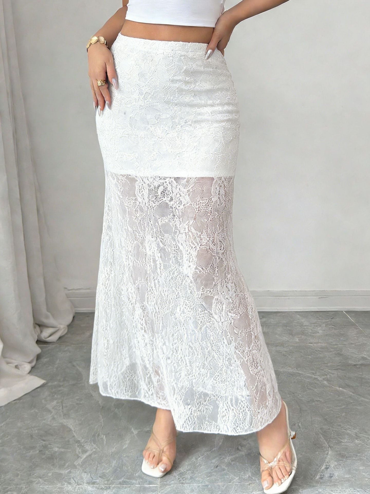 Womens Black Lace Floor Length Skirt