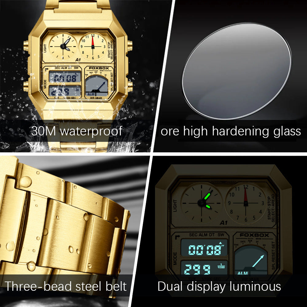 Foxbox Square Men Multifunction Digital Analog Stainless Steel Waterproof Watch