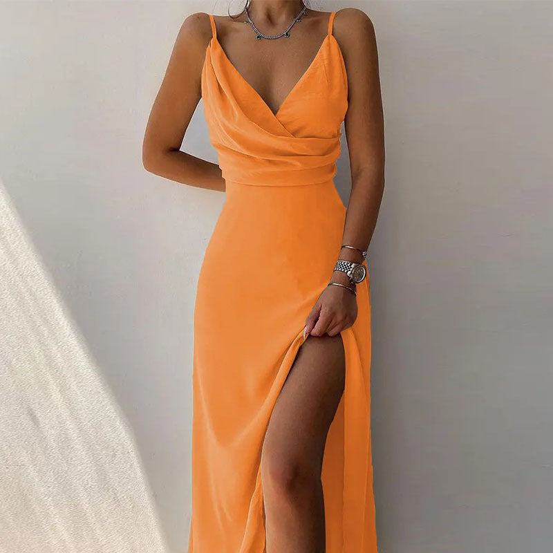 Strapless V-neck slit printed dress