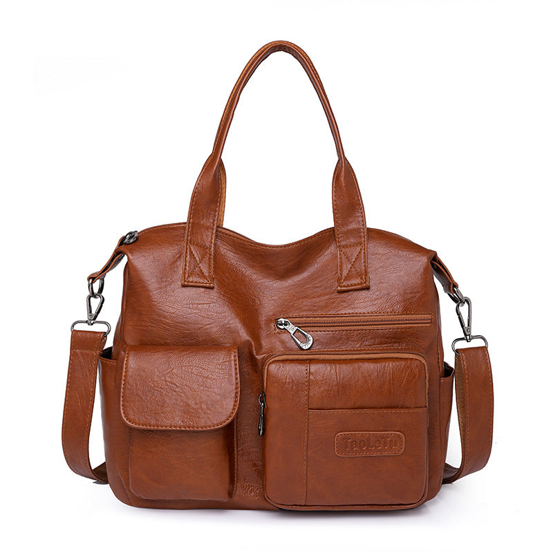 Vintage PU Leather Tote Bag Soft Retro Simple Shoulder Handbag for Women Daily Commuter