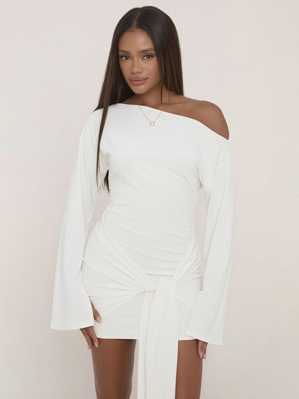 Slanted Shoulder Long Bell Sleeve Bodycon Dress