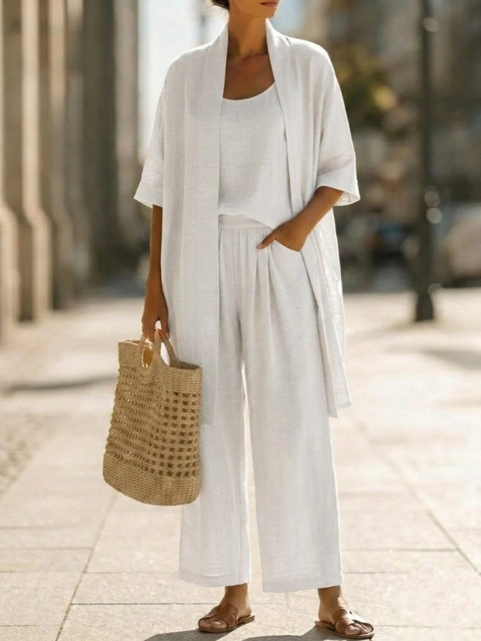 Women Summer Cotton Linen Solid Color Three Piece Cardigan Set Casual Pants Suit