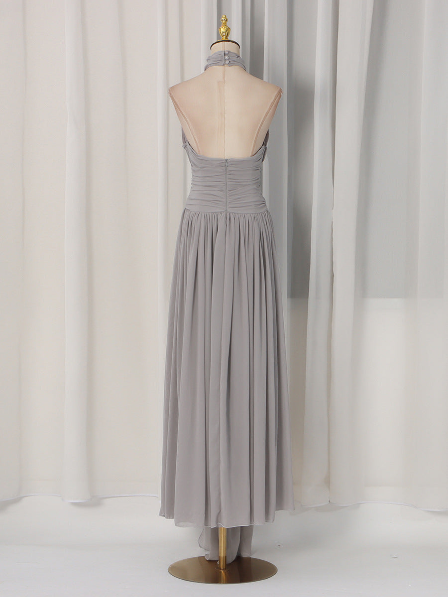 Women's Grey Halter Neck Hollow Out Backless Chiffon Evening Dress Long Gown