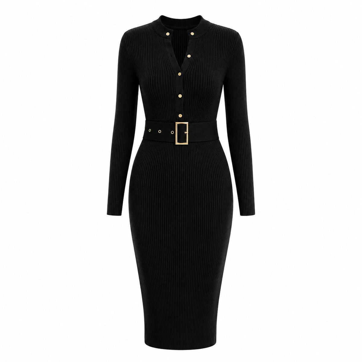 Elegant Bodycon Knitted Ribbed Midi Dress with Belt